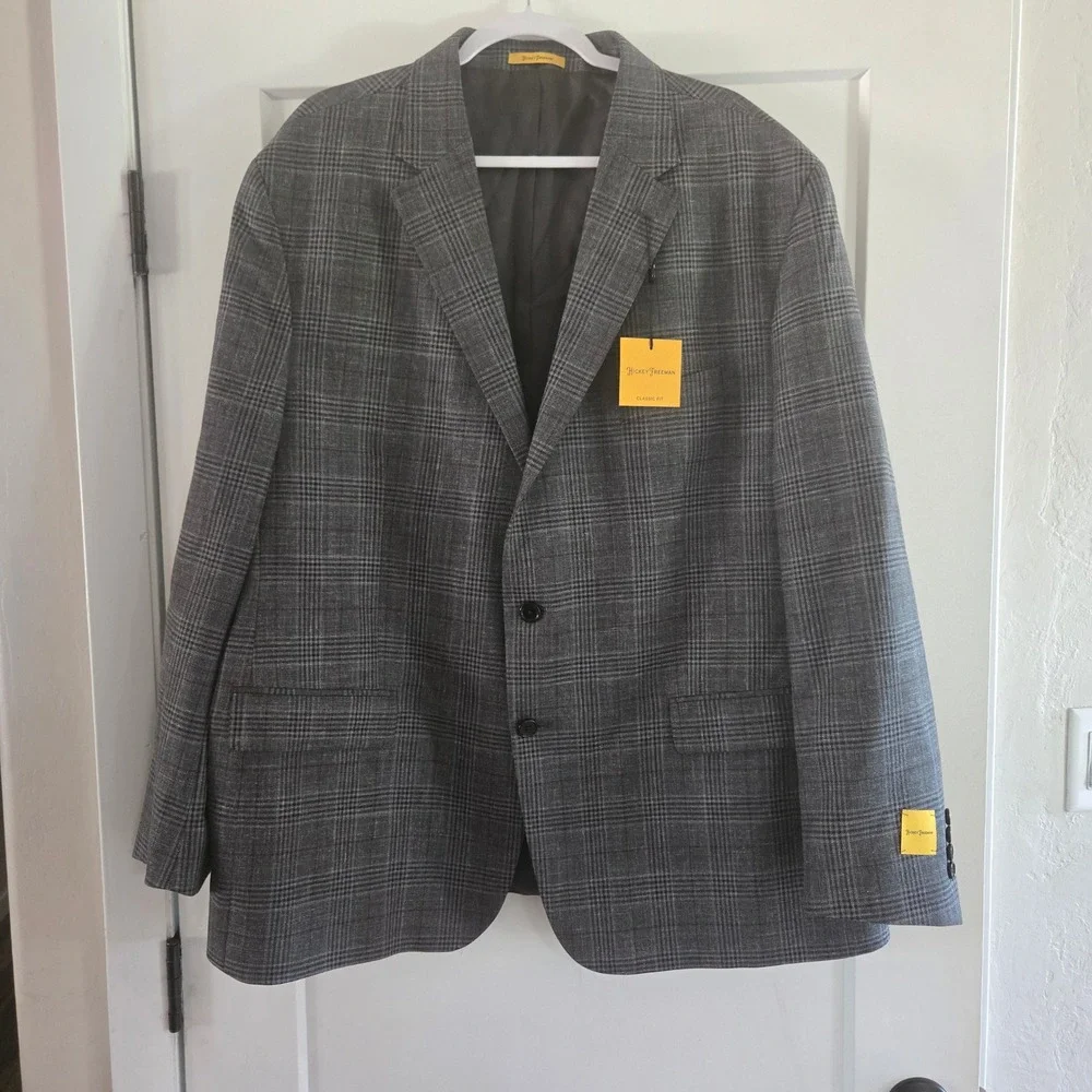 Hickey Freeman Blazer Mens 52R Grey Plaid Wool Silk Linen Classic Fit Sport Coat